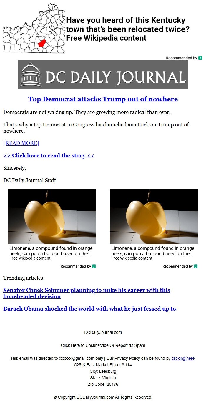 Screenshot of the email generated on import