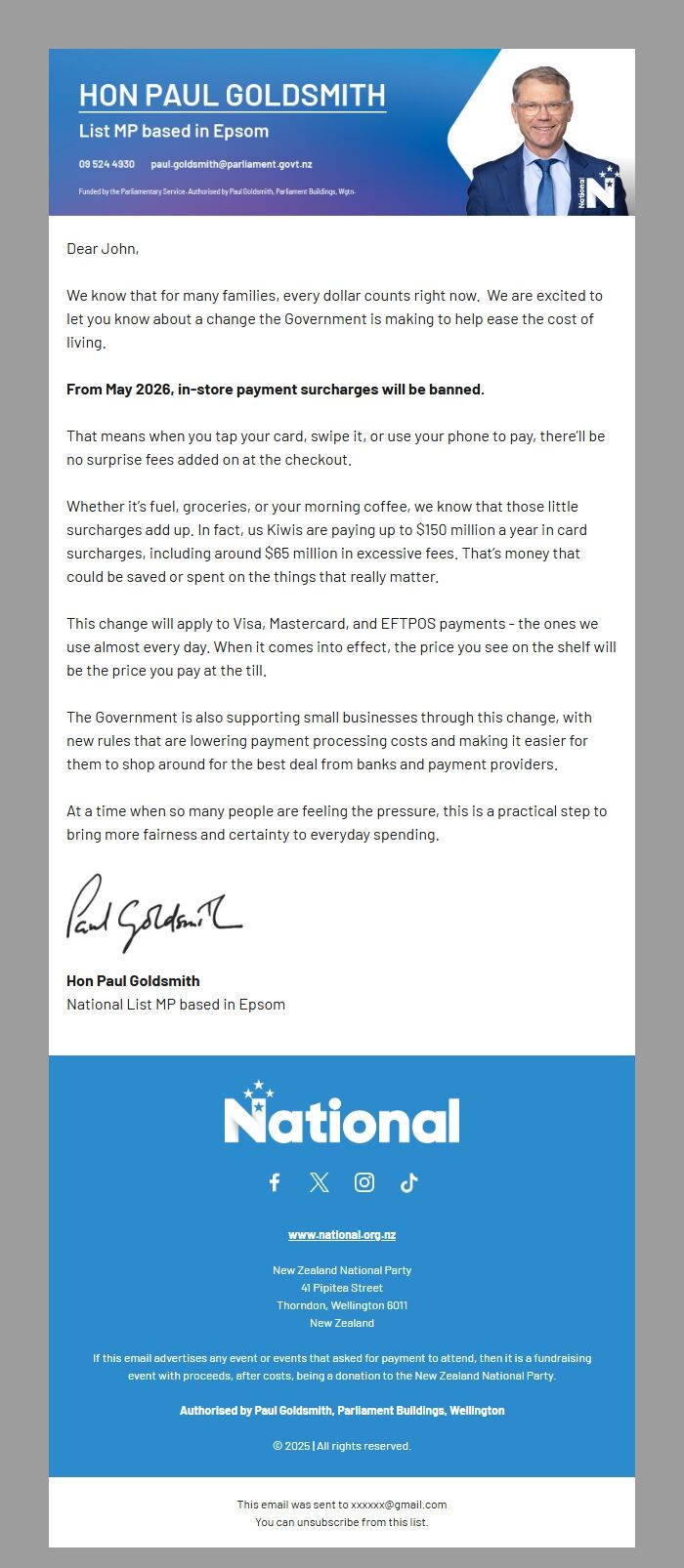 Screenshot of the email generated on import