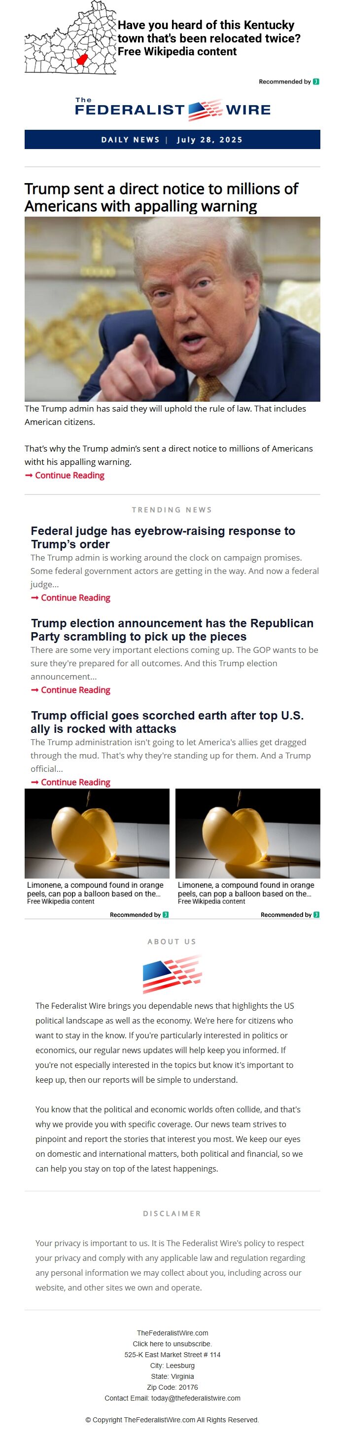 Screenshot of the email generated on import