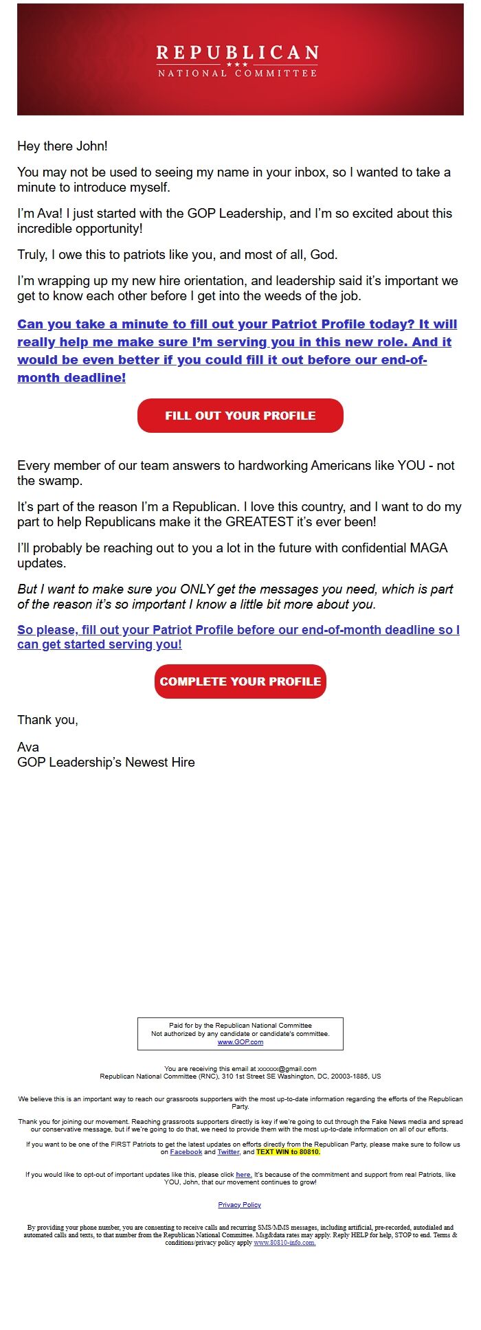Screenshot of the email generated on import