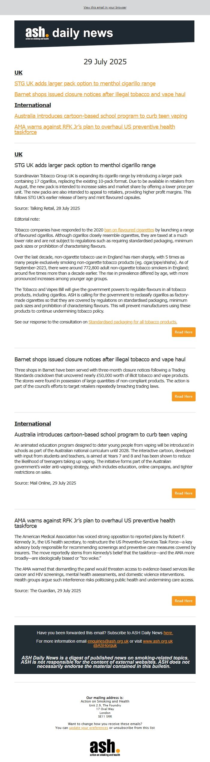 Screenshot of the email generated on import