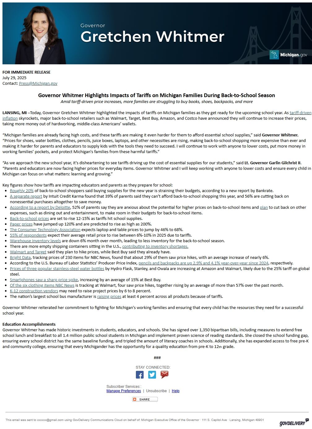 Screenshot of the email generated on import