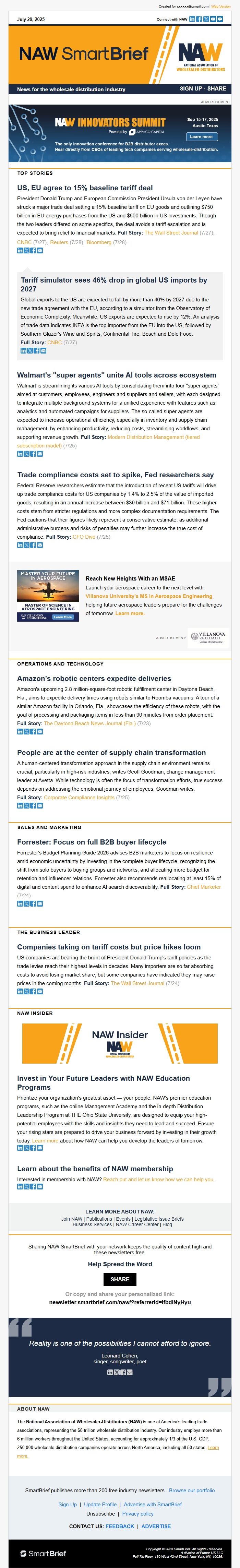 Screenshot of the email generated on import