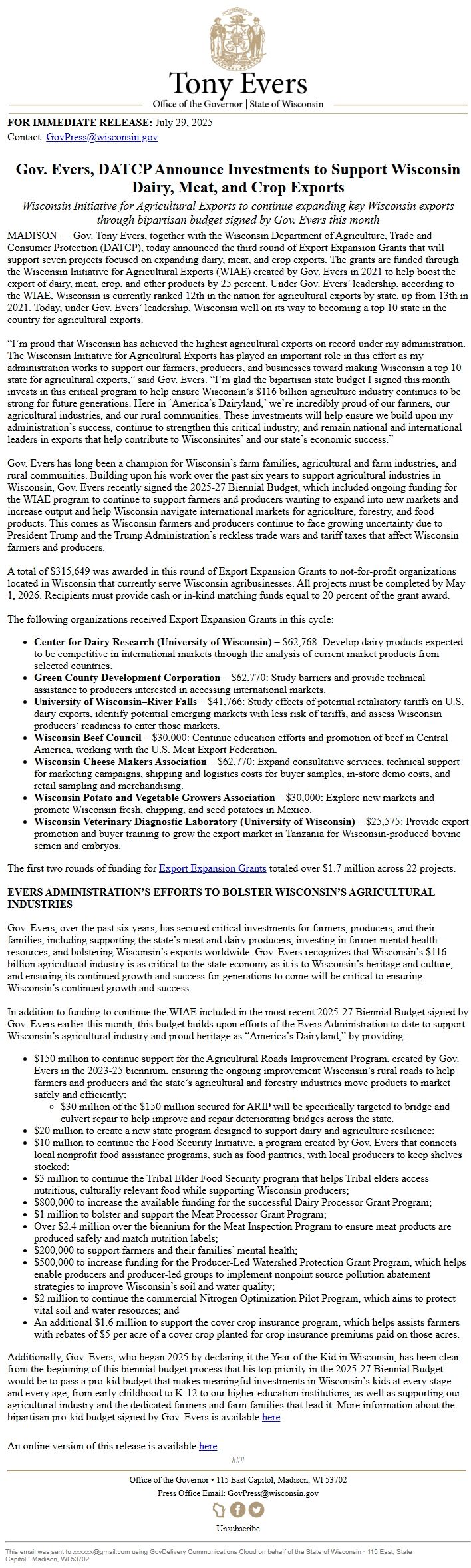 Screenshot of the email generated on import