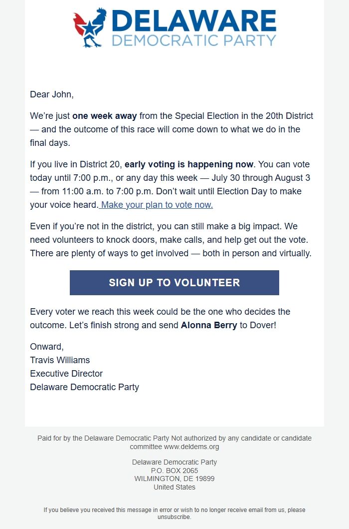 Screenshot of the email generated on import