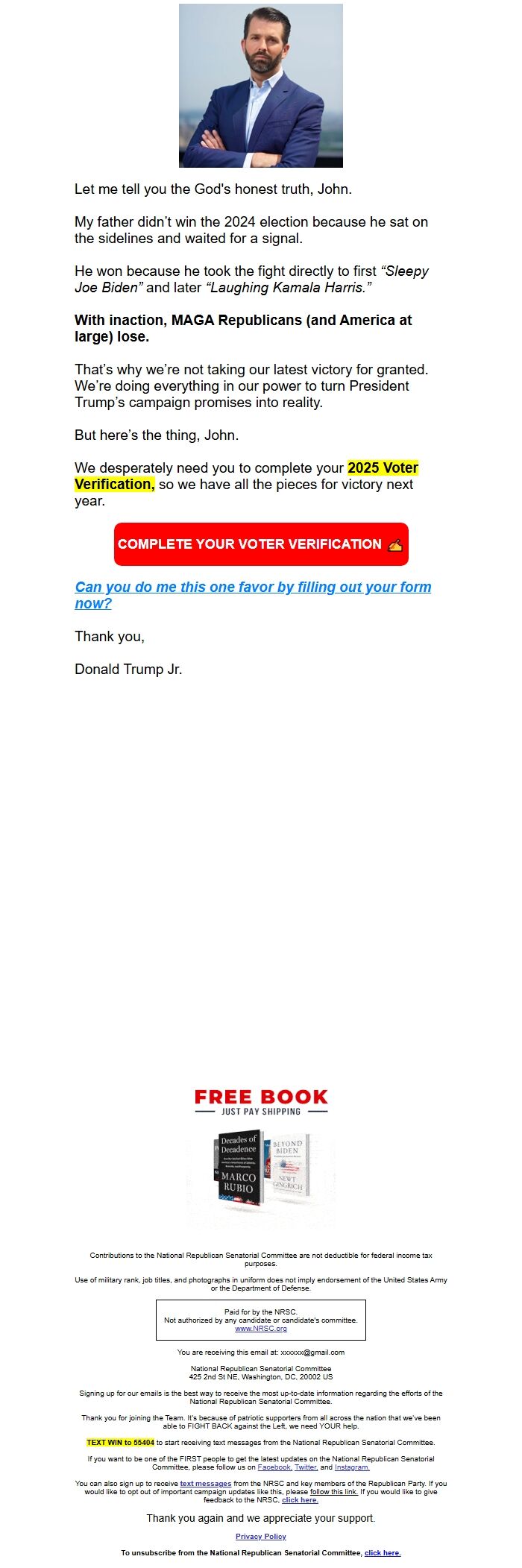 Screenshot of the email generated on import