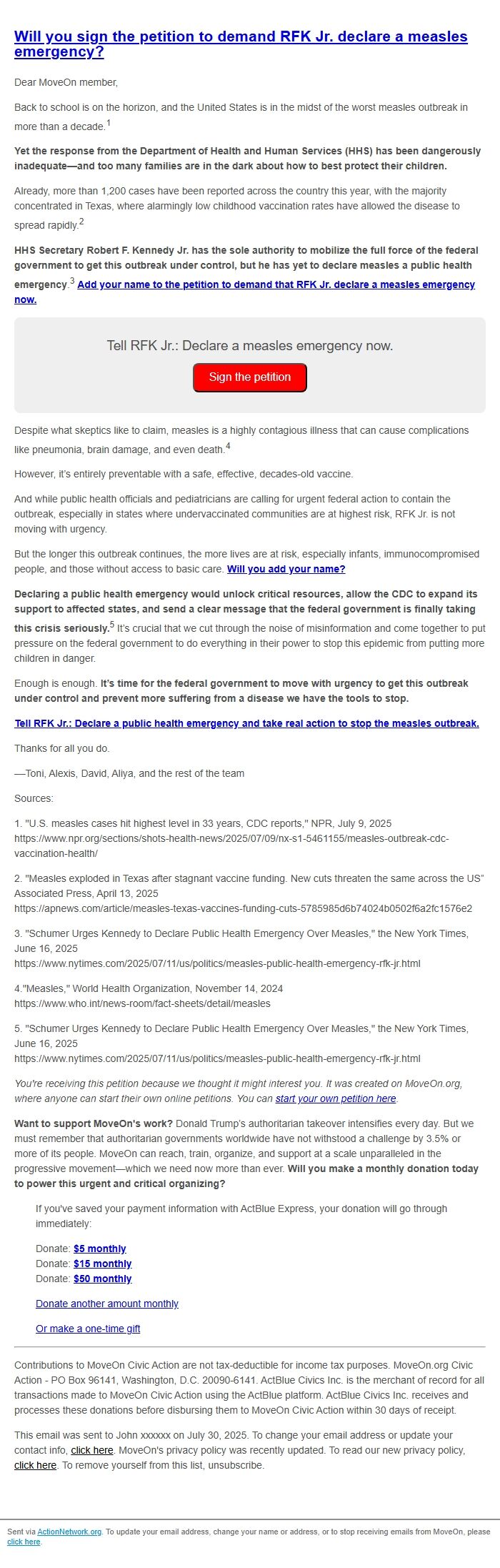 Screenshot of the email generated on import