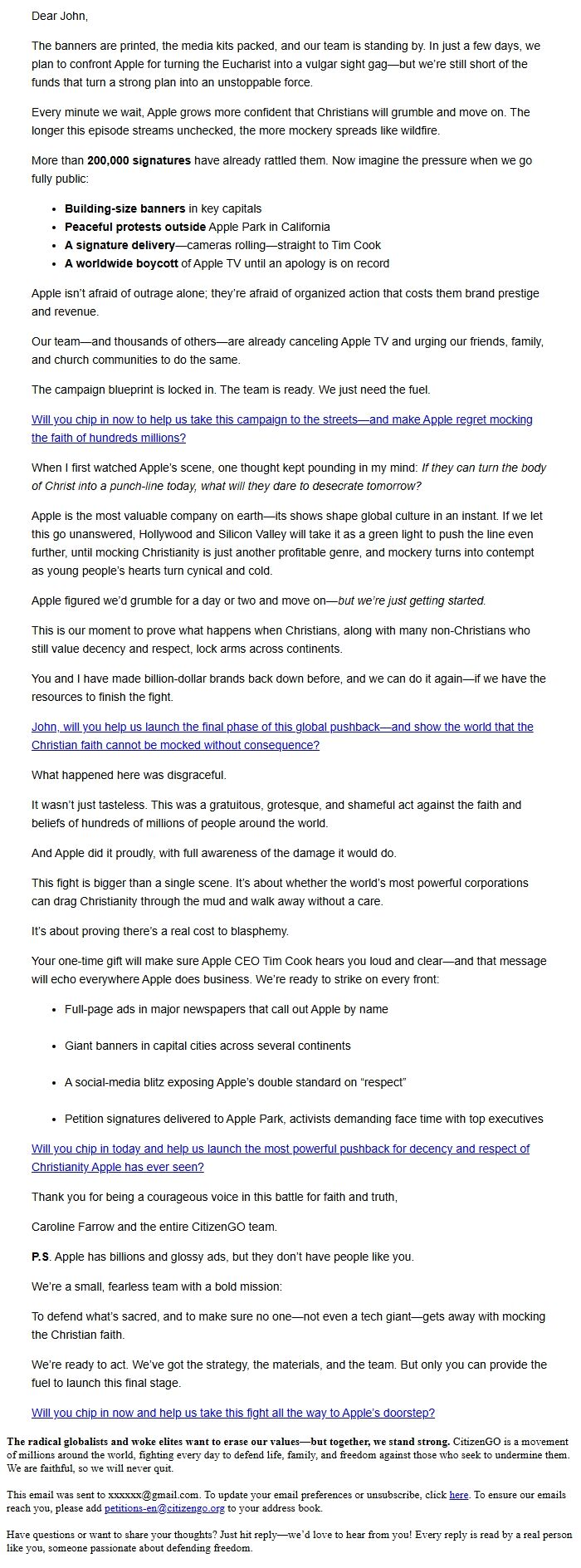 Screenshot of the email generated on import