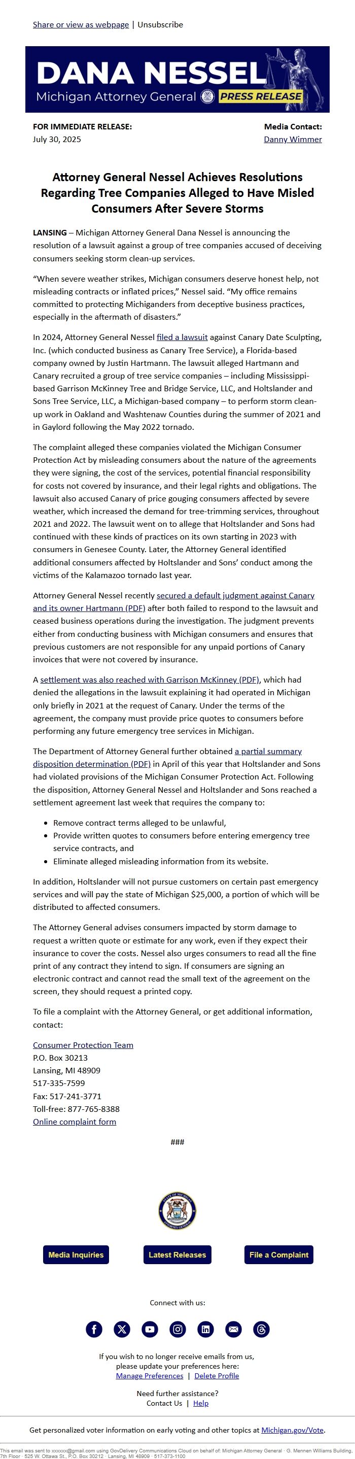 Screenshot of the email generated on import