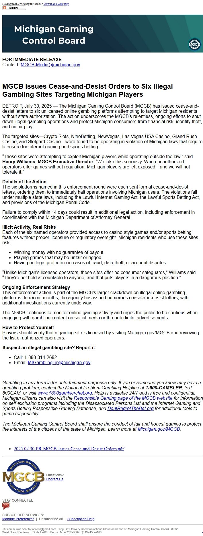 Screenshot of the email generated on import