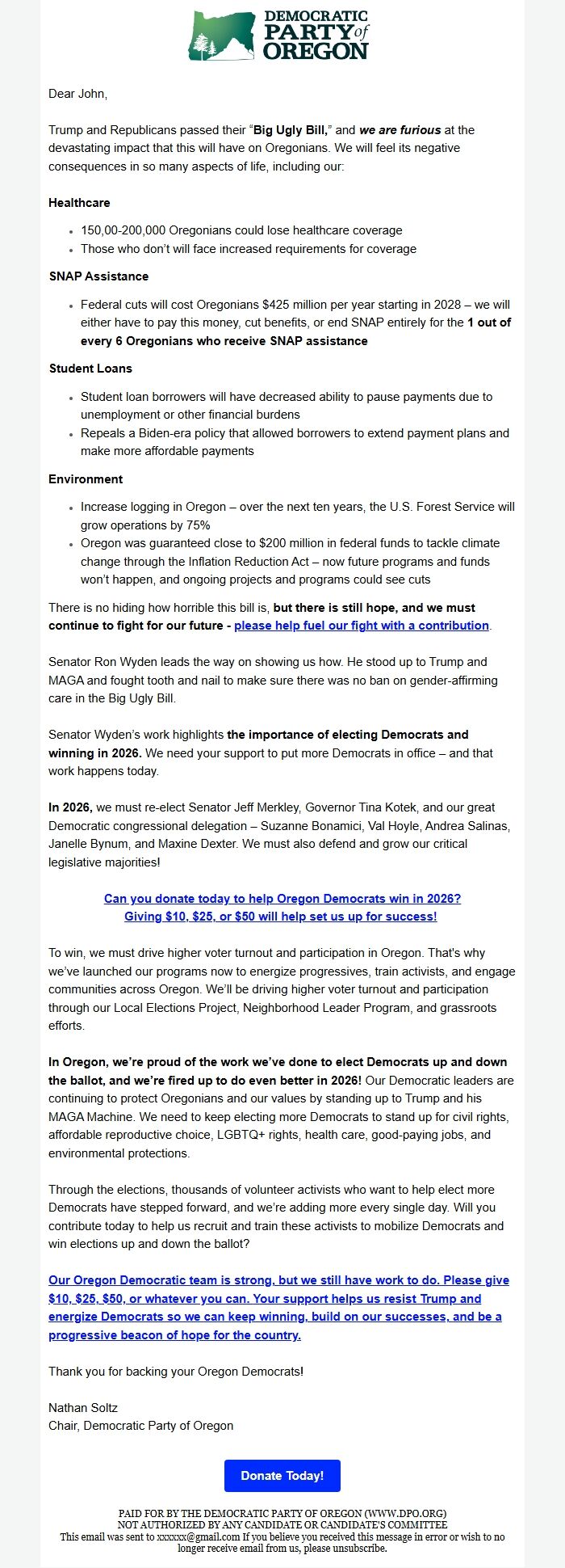 Screenshot of the email generated on import