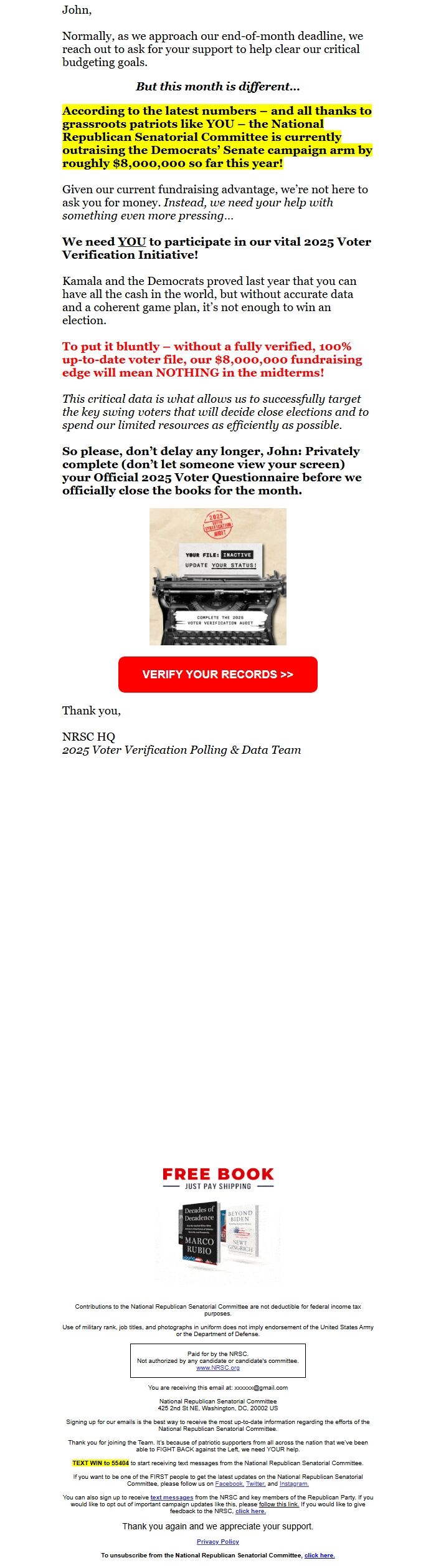 Screenshot of the email generated on import