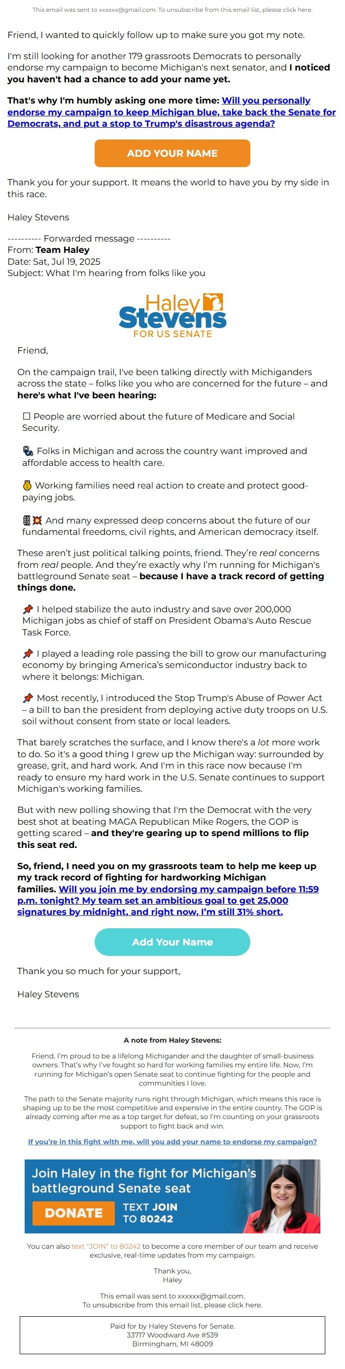 Screenshot of the email generated on import