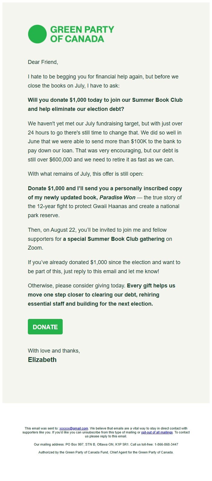 Screenshot of the email generated on import