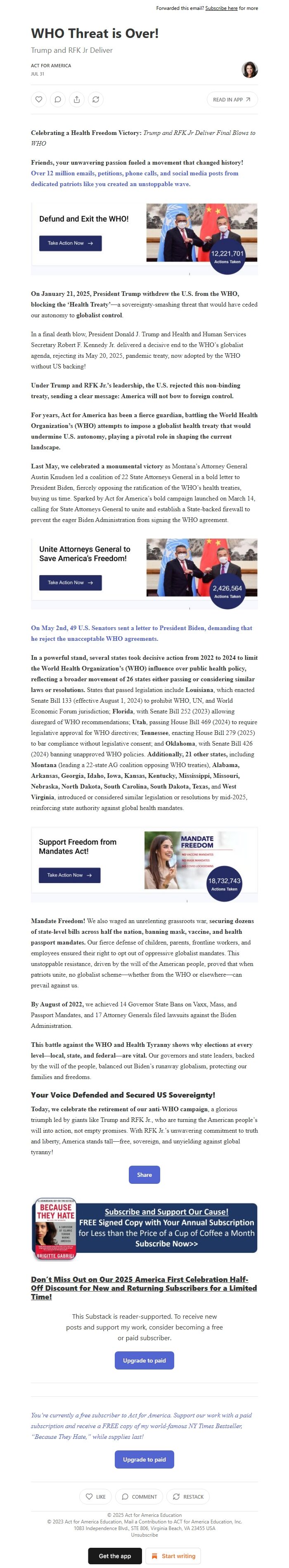 Screenshot of the email generated on import