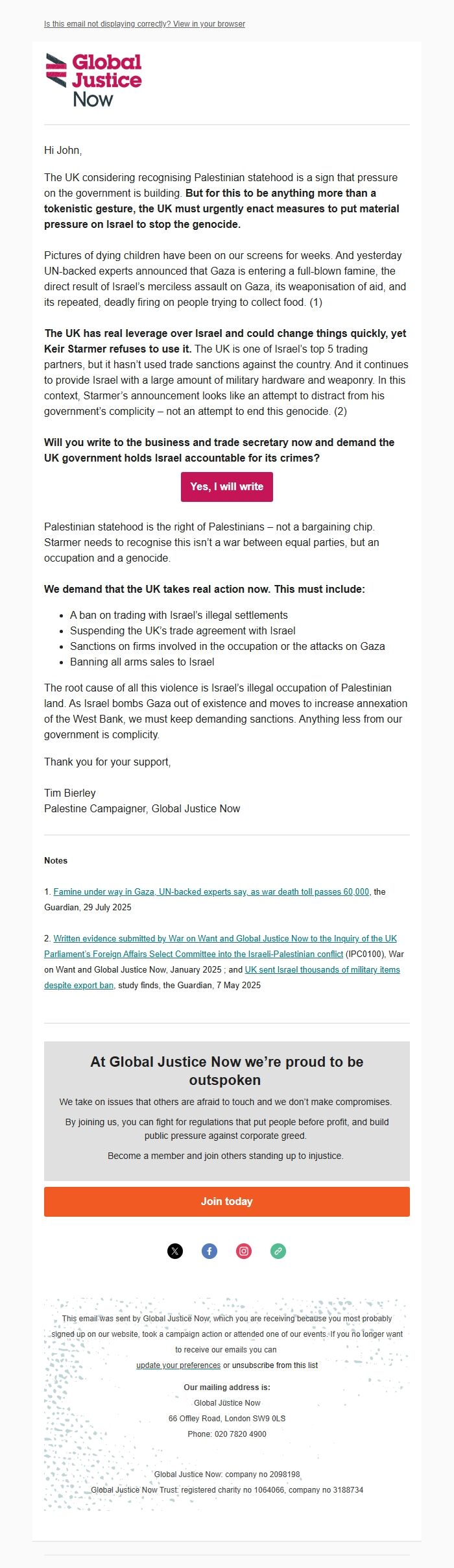 Screenshot of the email generated on import
