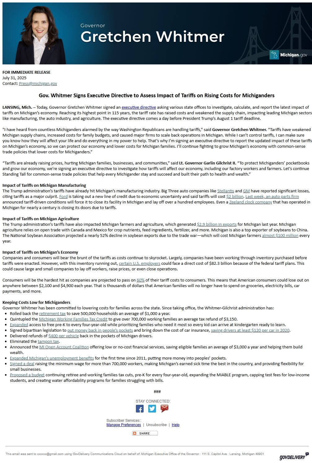 Screenshot of the email generated on import