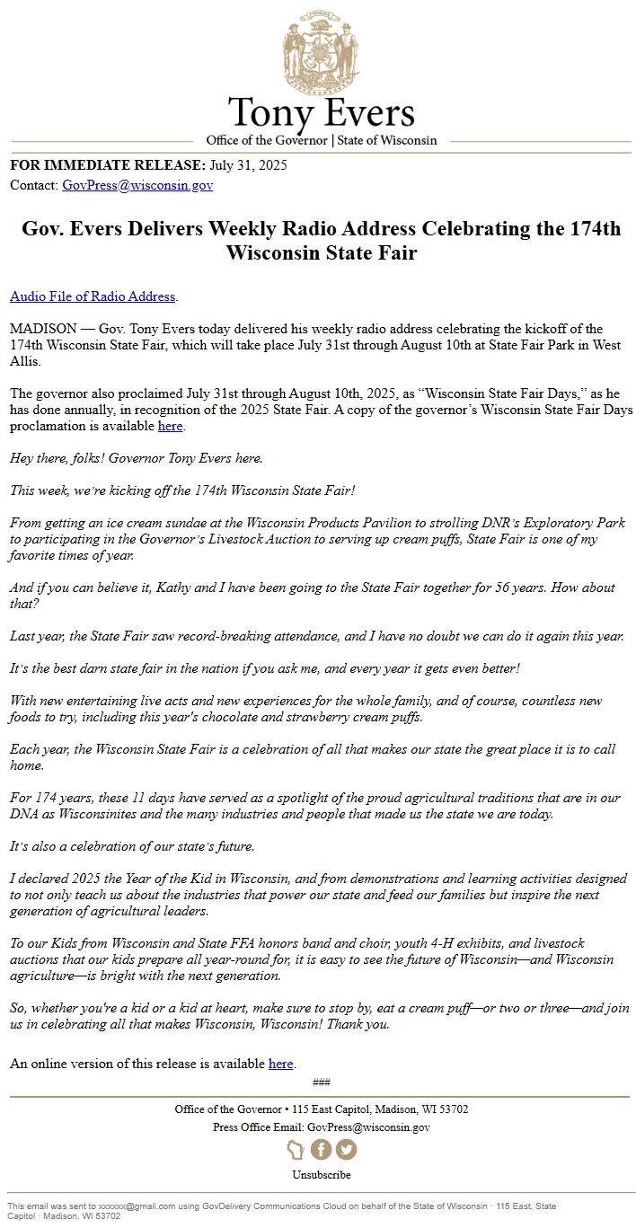 Screenshot of the email generated on import