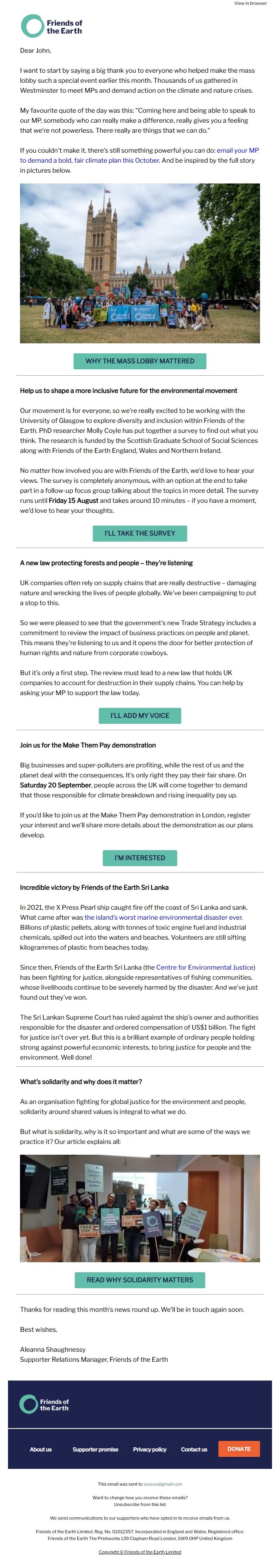 Screenshot of the email generated on import