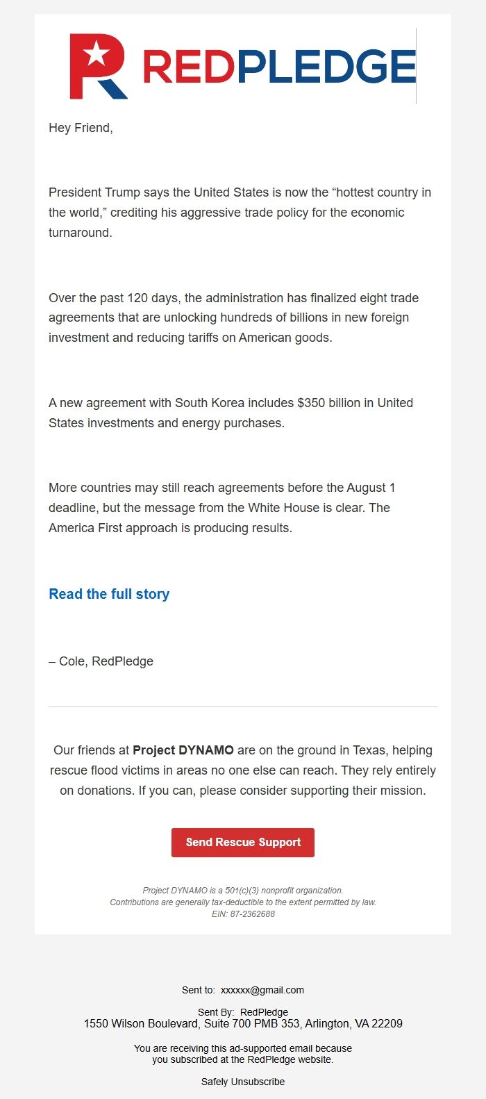 Screenshot of the email generated on import