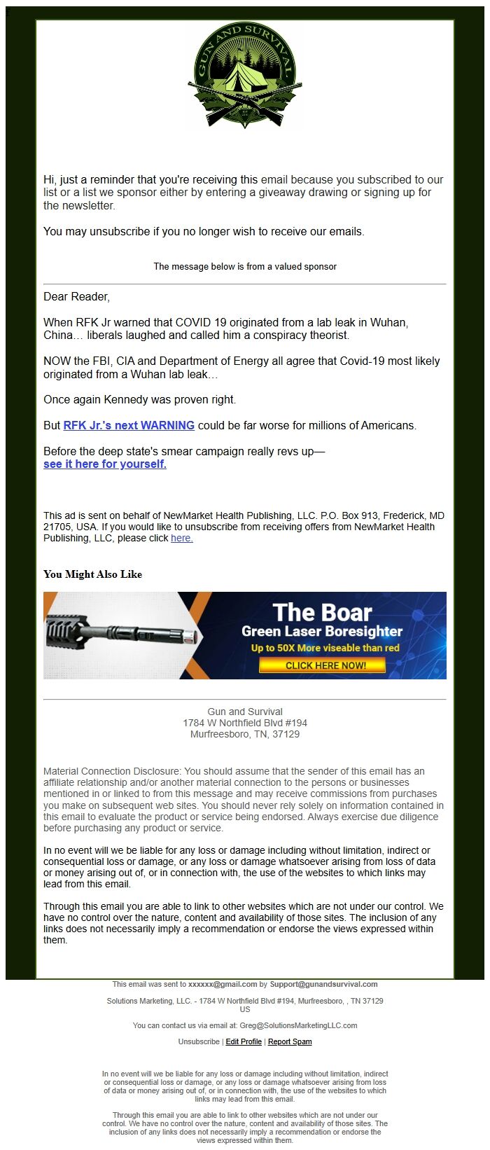 Screenshot of the email generated on import