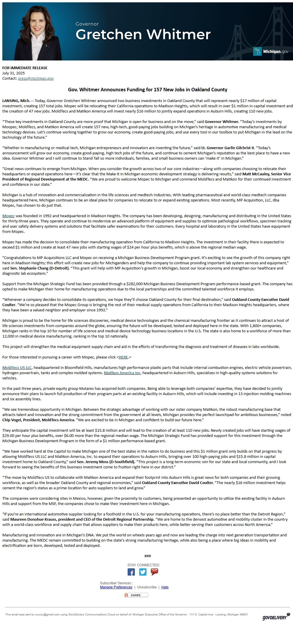Screenshot of the email generated on import