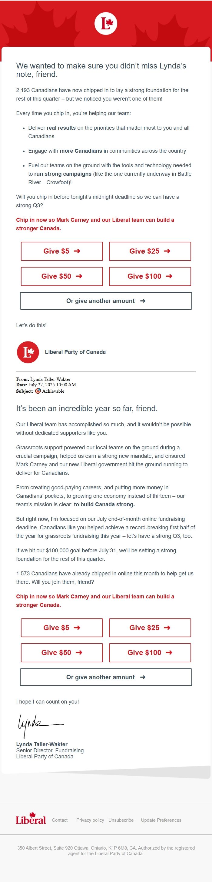 Screenshot of the email generated on import