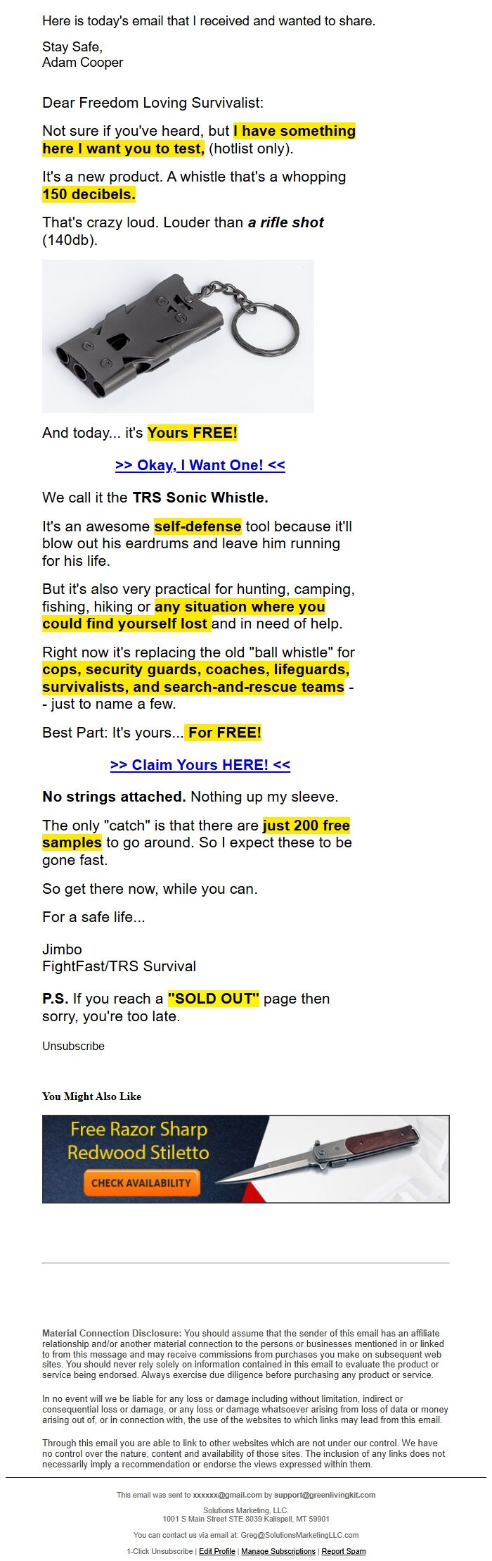 Screenshot of the email generated on import