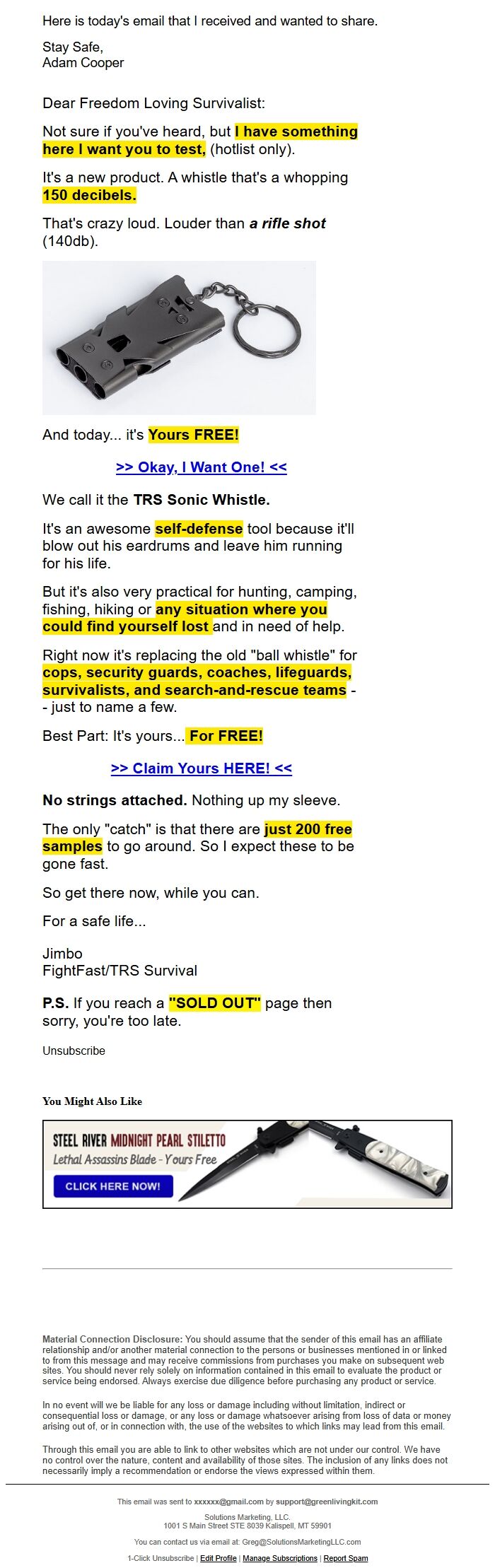 Screenshot of the email generated on import