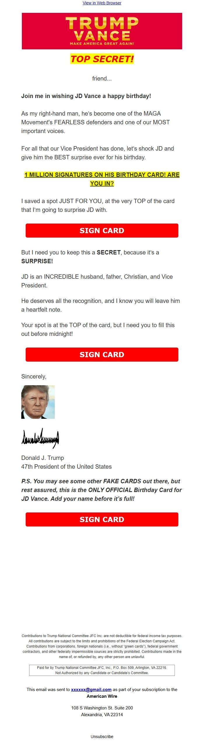 Screenshot of the email generated on import