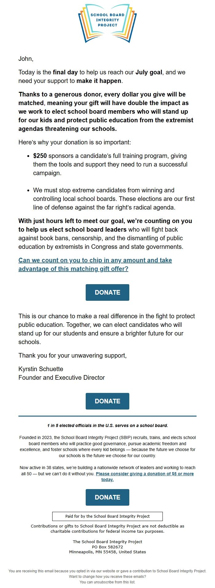Screenshot of the email generated on import