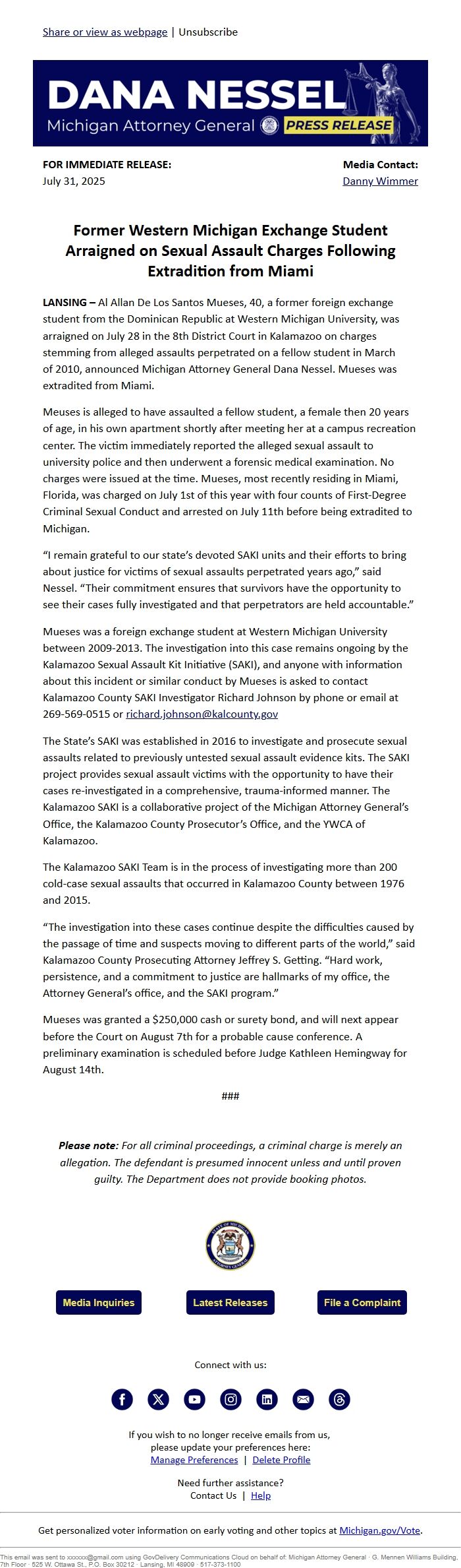 Screenshot of the email generated on import