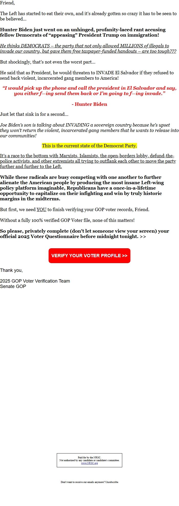 Screenshot of the email generated on import