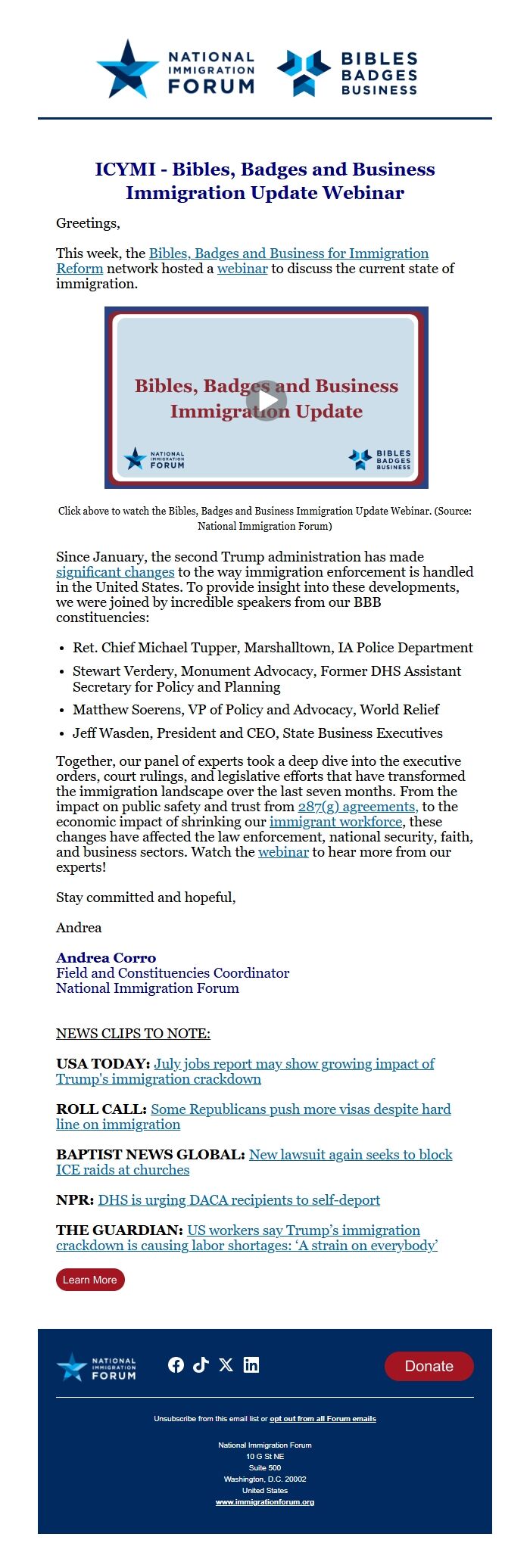 Screenshot of the email generated on import