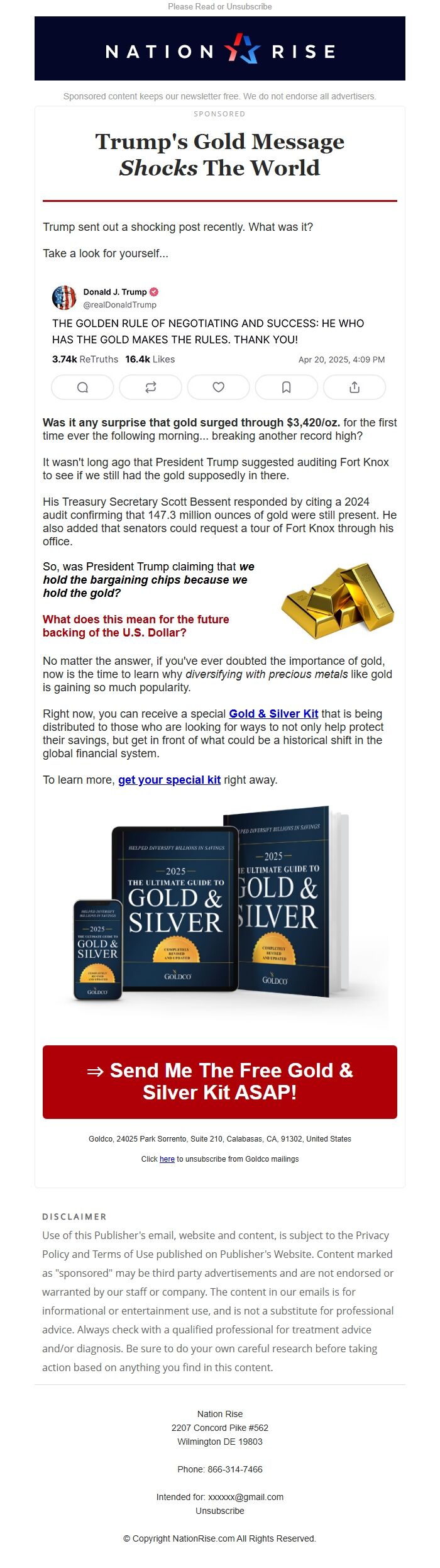 Screenshot of the email generated on import