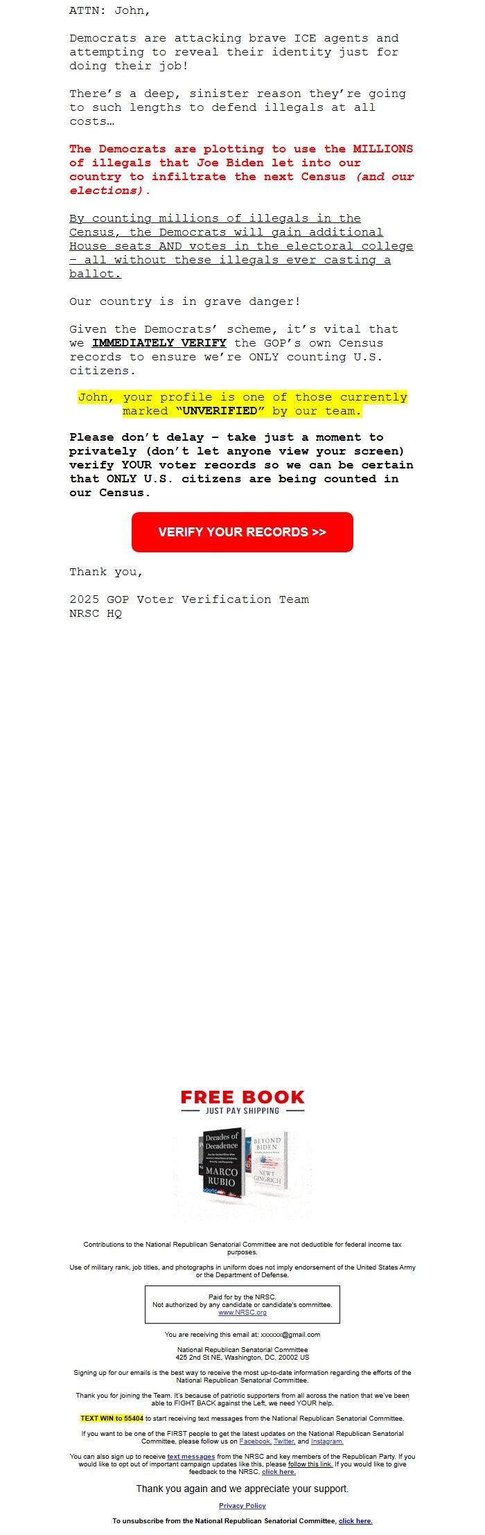 Screenshot of the email generated on import