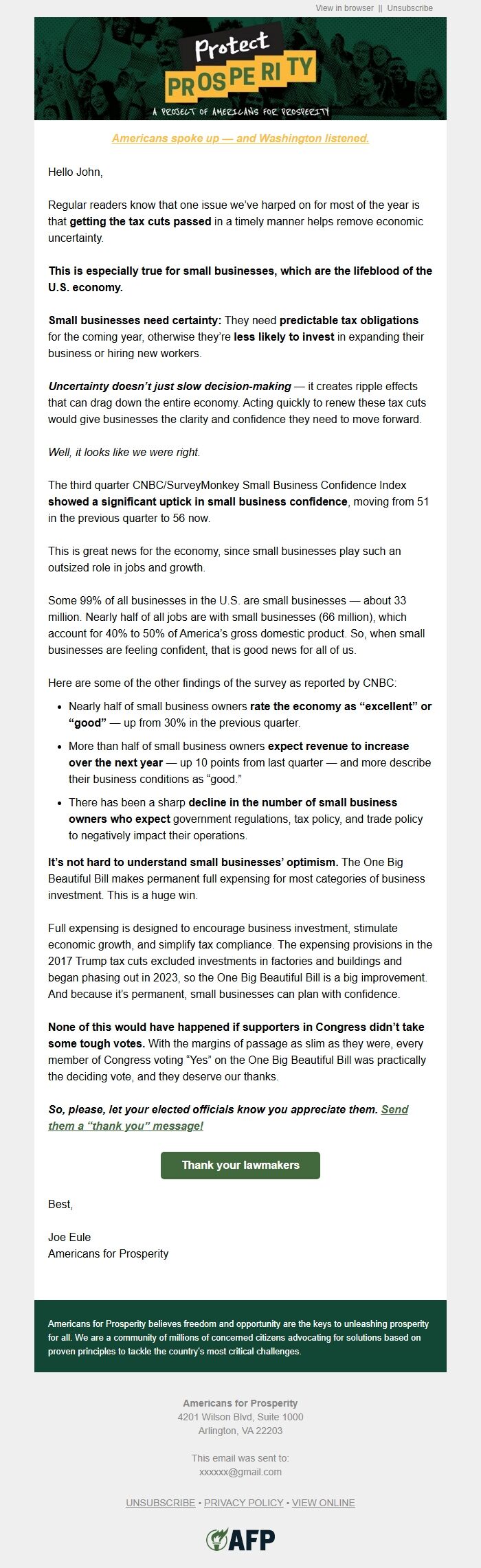 Screenshot of the email generated on import