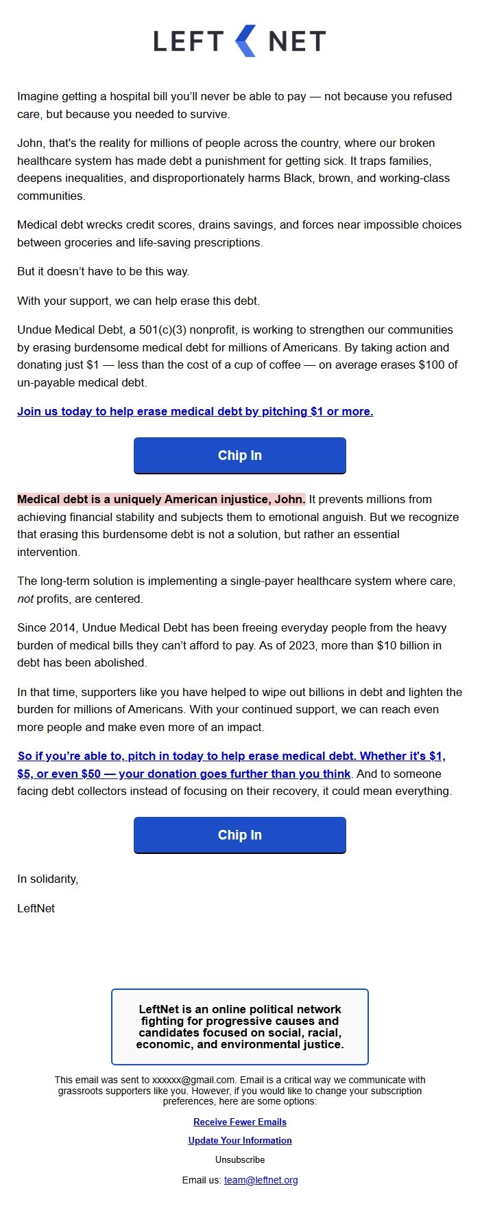 Screenshot of the email generated on import