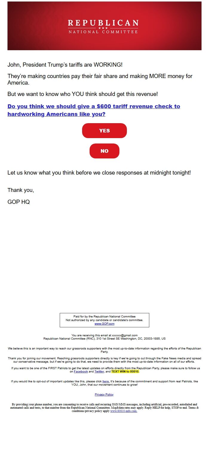 Screenshot of the email generated on import
