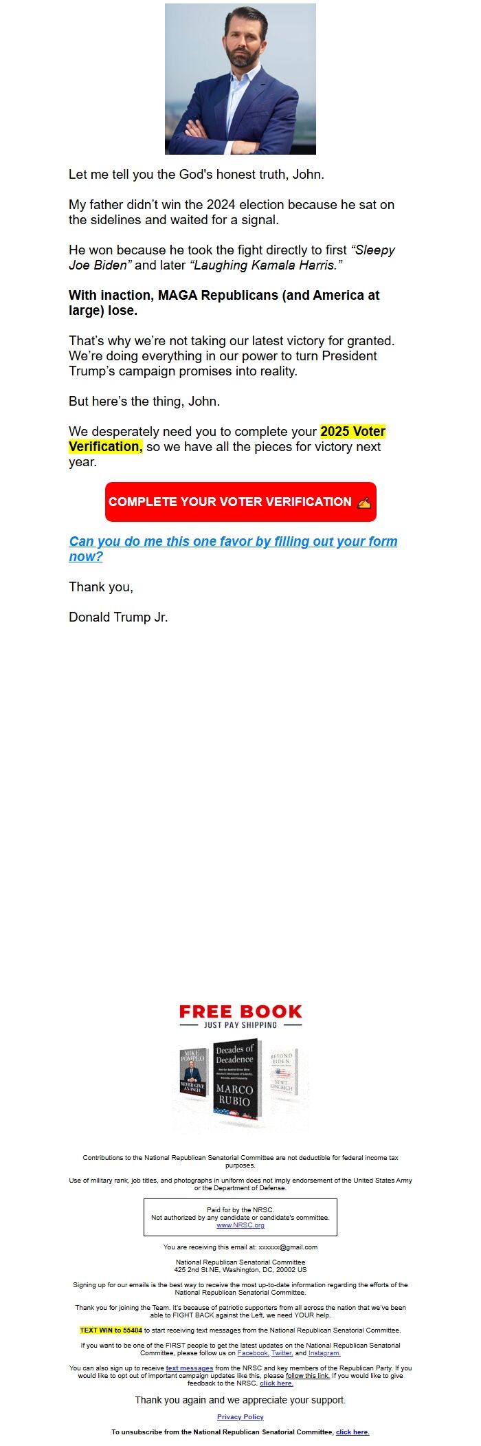 Screenshot of the email generated on import