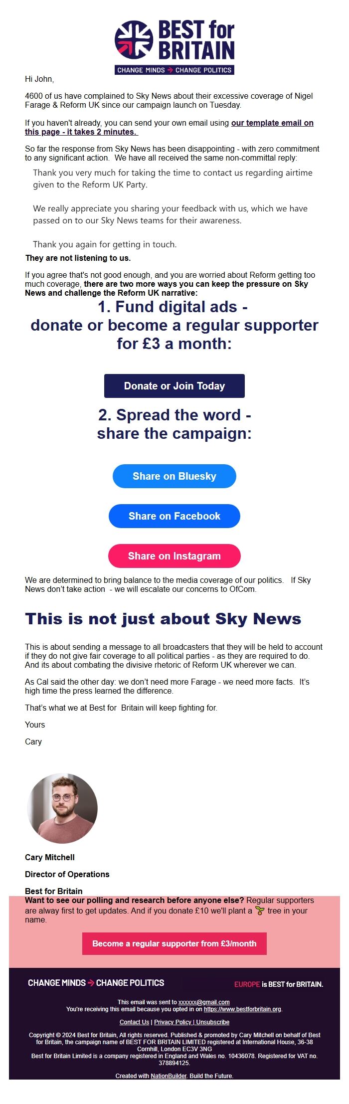 Screenshot of the email generated on import