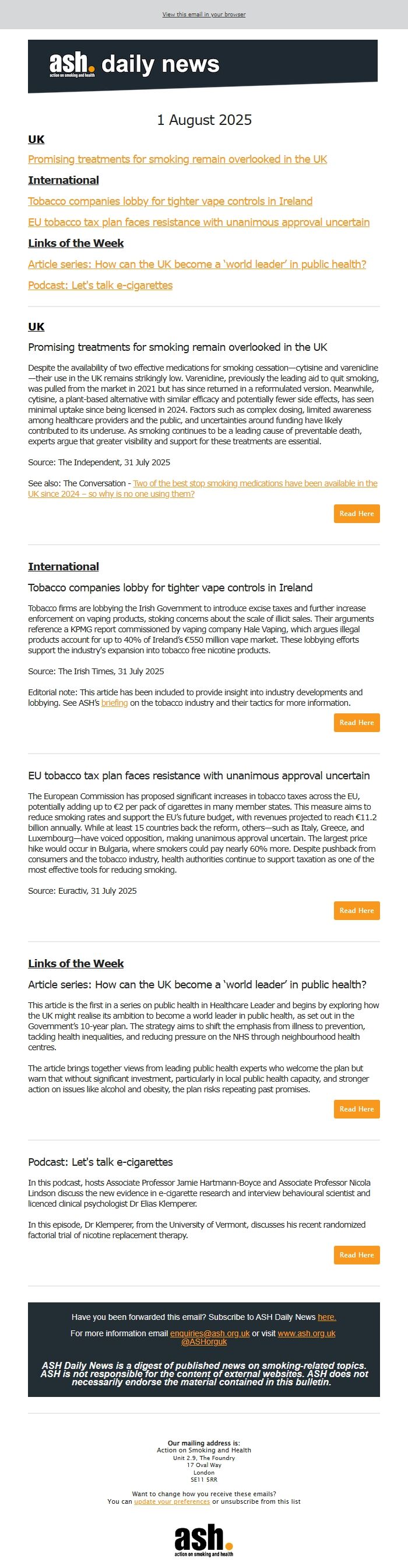 Screenshot of the email generated on import