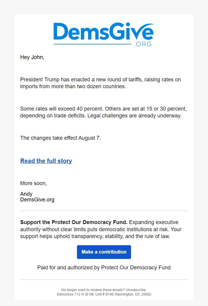 Screenshot of the email generated on import