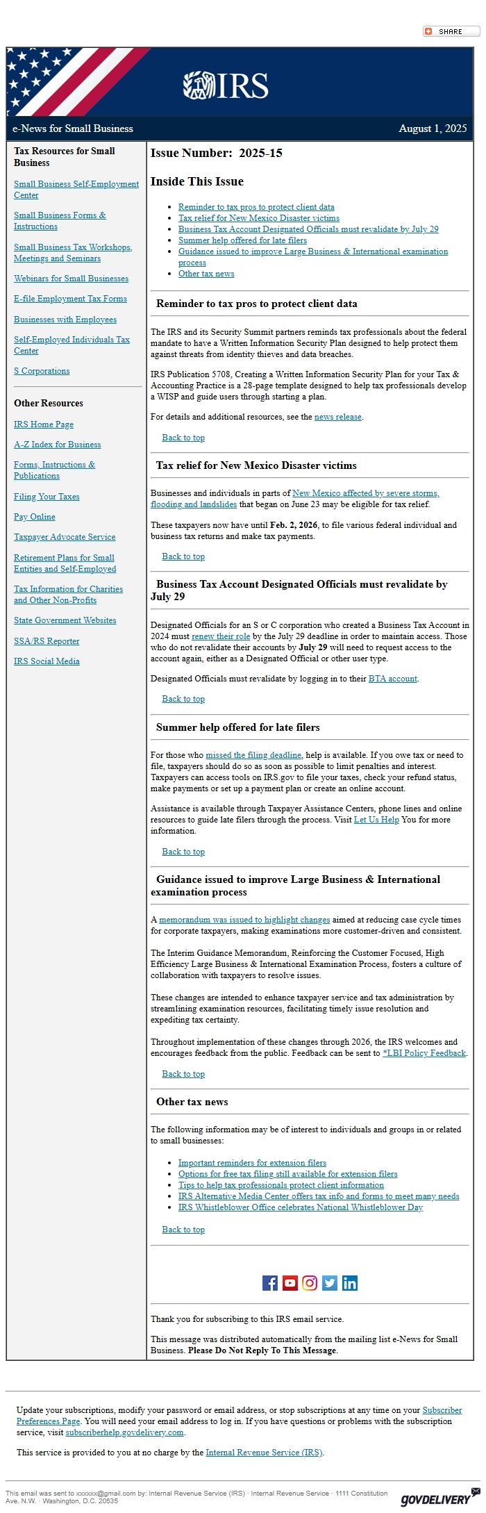 Screenshot of the email generated on import