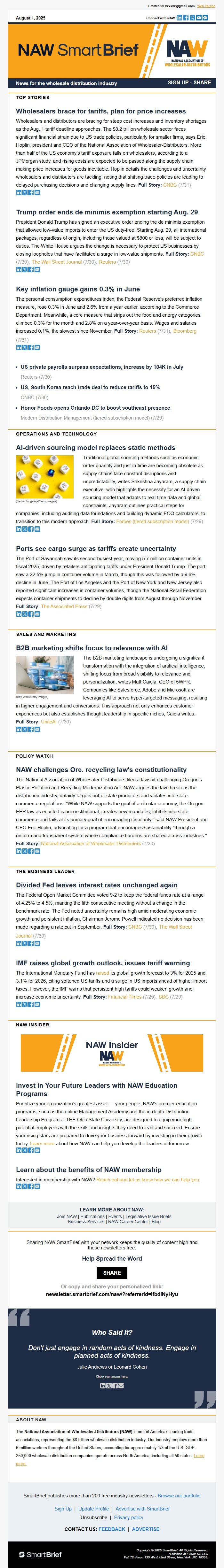 Screenshot of the email generated on import