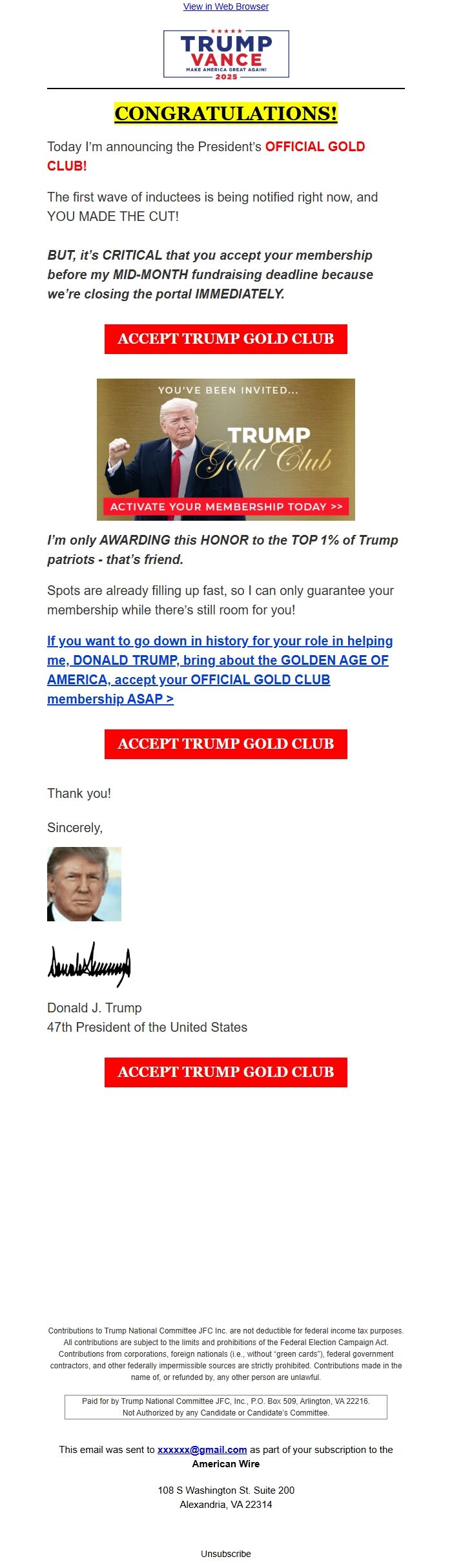 Screenshot of the email generated on import