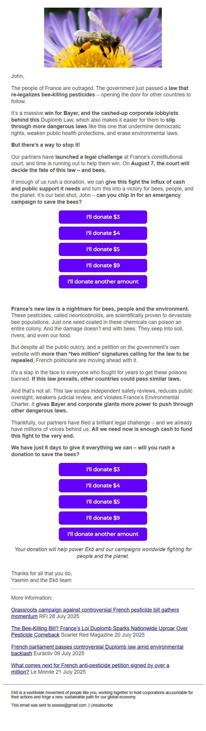 Screenshot of the email generated on import