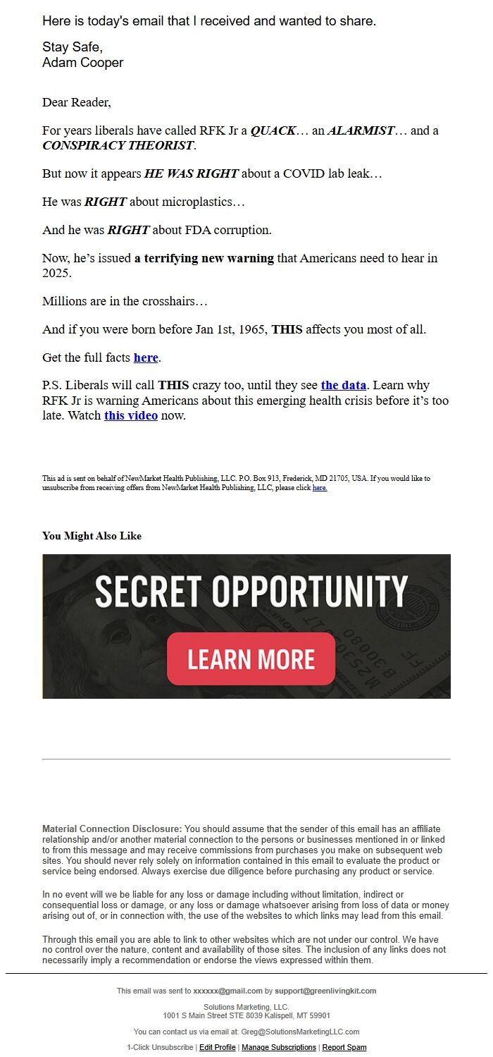 Screenshot of the email generated on import