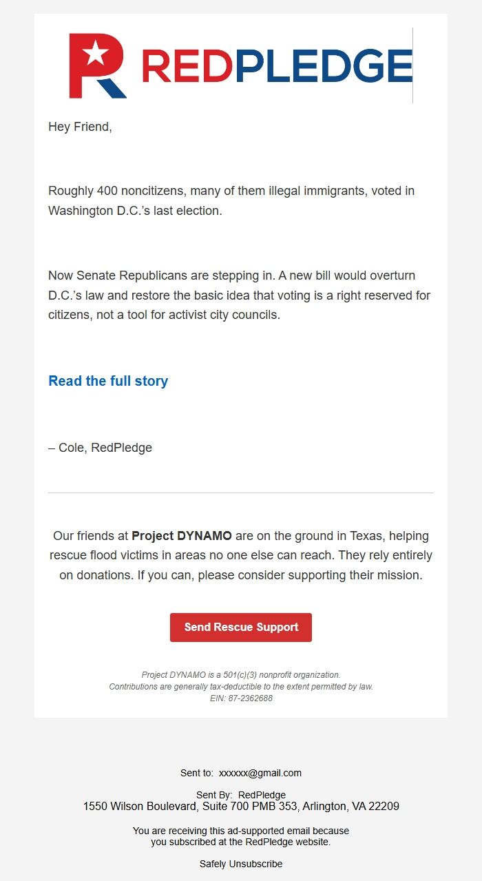 Screenshot of the email generated on import