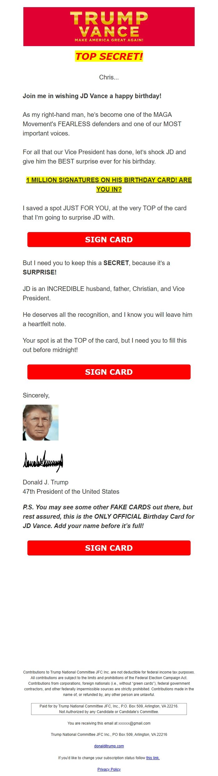 Screenshot of the email generated on import